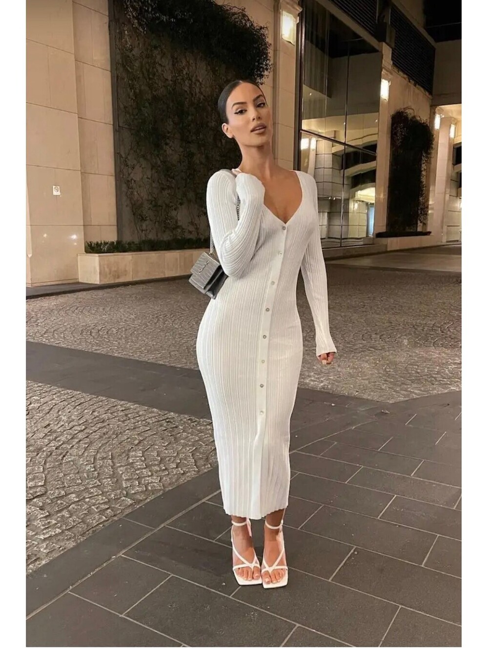 NWT MESHKI Andrea Ribbed Knit Button Midi Dress White Size S